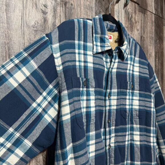 Wrangler- Sherpa Lined Blue/White Plaid Button Down Shacket- Sz. L - Picture 2 of 10